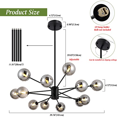 Yiisem Modern Glass Globe Chandelier with Glass Shade, 12-Light Black Sputnik Light Fixture, Magic Bean Hanging Chandeliers Lighting for Dining Room, Living Room, Bedroom, Kitchen - Image 5