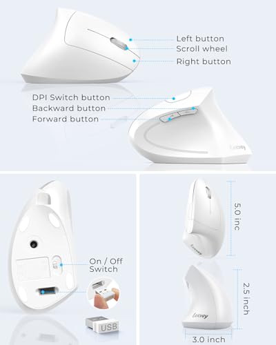 Lekvey Ergonomic Mouse, Vertical Wireless Mouse, Rechargeable 2.4G Optical Carpal Tunnel Mice with USB Receiver: 1000/1200 / 1600 DPI, 6 Buttons, for Laptop, Computer, PC, Desktop, Notebook, White