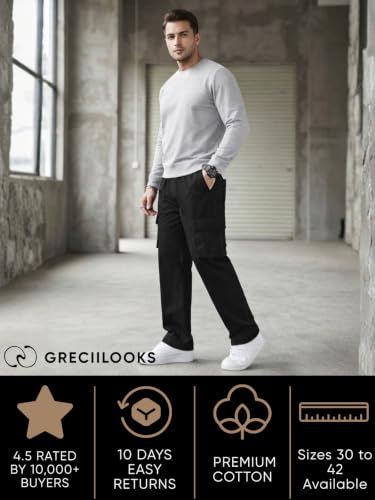 Image of GRECIILOOKS Men's Cargo Pants | 6 Pocket Cotton Cargo Joggers for Men | Loose Fit Stylish Pant with Pockets | Casual Baggy Trousers & Streetwear Lower