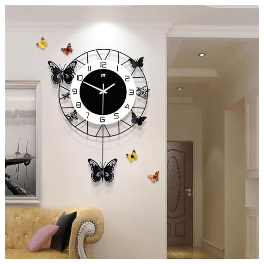 20 Inch Large Round Wall Clock Butterfly Decor Silent Pendulum Battery Operated Non-Ticking Modern Pendulum Wall Clock Art Decor for Living Room Bedroom Dining Room, Black