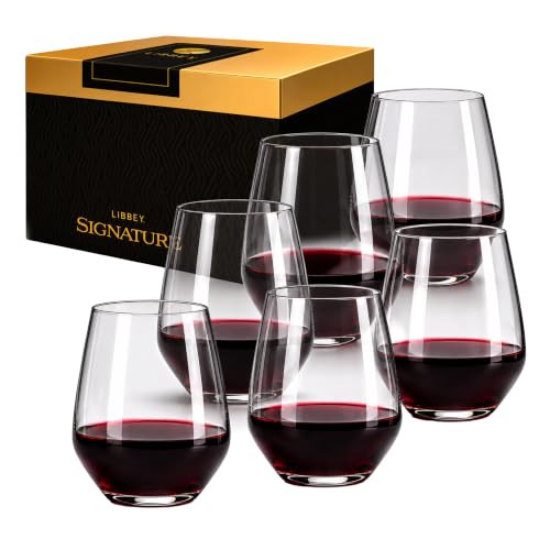 Libbey Signature Greenwich Stemless Wine Glasses Set of 6, Modern Wine Glasses for Red and White Wine, Ideal Stemless Wine Glass Set for All Occasions