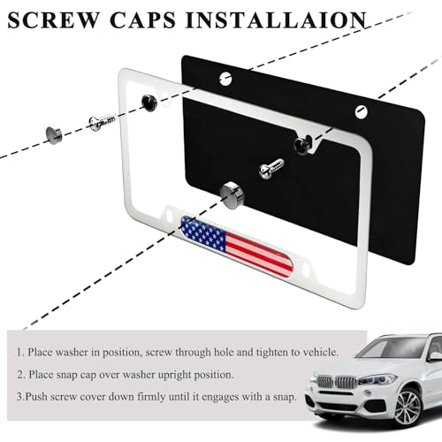 Image of 2 PCS Flag License Plate Frame, American Flag Patriotic Stainless Steel Auto Plate Cover, Vintage US Rust-Proof Vehicle License Plate Holder, Universal Car Accessories (White&Colorful)