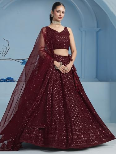 Image of Zeel Clothing Women's Sequins Thread Embroidered Georgette Lehenga Choli With Dupatta (5124-Women-Lehenga-Choli-New; Free size)