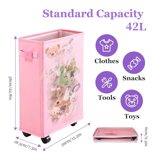 Image of 42L Slim Laundry Basket with Wheels, Rolling Laundry Hamper for Small Spaces, Collapsible 600D Oxford Dirty Clothes Basket with Brake & Handle, Narrow Laundry Basket for Dorm, Bathroom, Pink