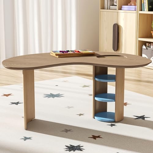 Image of Kids Table Toddler ActivityTable with Storage, Playroom Sensory Tables, Wood Kid Art Craft Tables, Reading Desk for Kids Ages 3-8, Kidney Train Table for Toddlers Boys /Girls Bedroom, Blue