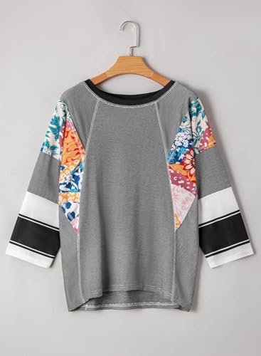 EVALESS 3/4 Length Sleeve Womens Tops Dressy Casual 2025 Fall Crew Neck Oversized Striped Patchwork Shirts Blouse4