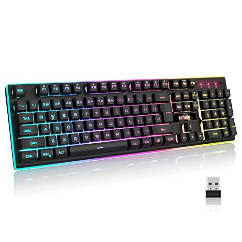 RedThunder Clavier de jeu sans fil K10, rechargeable, 3000 mAh 2,4 G, rétroéclairé par LED, clavier ergonomique avec touches mécaniques pour PC, PS4, Xbox One, Mac, Teclado Gamer, noir Cover