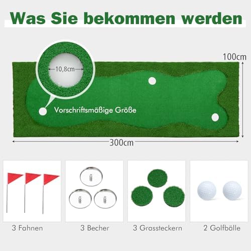 300 x 100cm Golf Übungsmatte, Golfmatte mit Kunstrasen, 2 Bälle, 3 Löcher, 3 Fahnen & Putting Cups, Puttingmatte faltbar für Indoor & Outdoor, Putting Green Golf Trainingsmatte für Zuhause