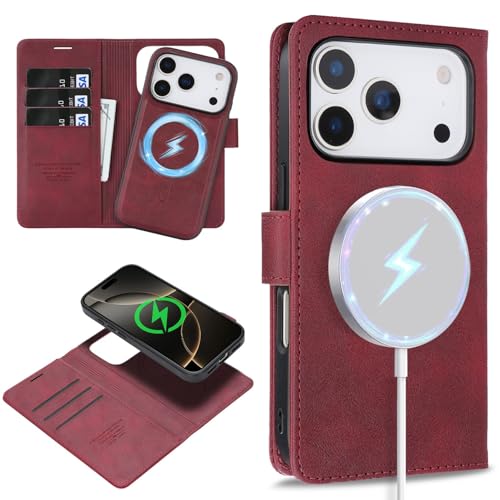 Étui iPhone 16 Pro portefeuille rouge antichoc avec coque aimantée détachable