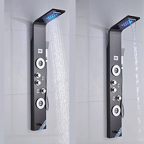 Columna de Ducha de Acero Inoxidable con Panel LED, Sistema de Lluvia y Cascada, 6 Funciones, Chorros Corporales y Masaje miniatura 2