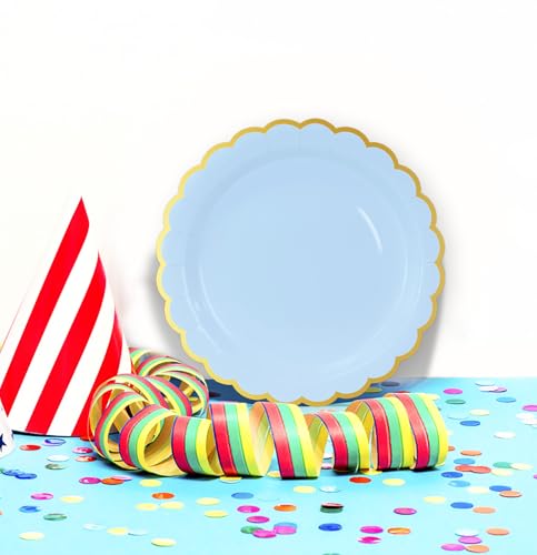 Image of HEIPINIUYE 50 Pieces Light Blue Paper Plates with Gold Foil 7 Inch Disposable Baby Blue Scalloped Dinner Plates for Wedding Baby Shower Birthday Party Dessert Plate