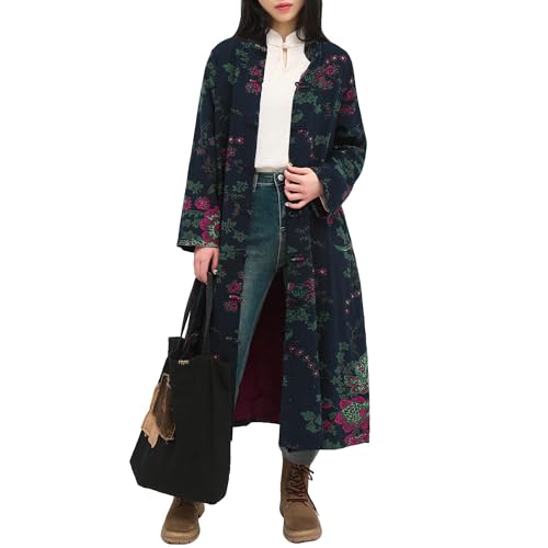 Women's Floral Print Long Trench Coat Casual Cotton Linen Jacket with Pockets Boho retro Outerwear Plus Size