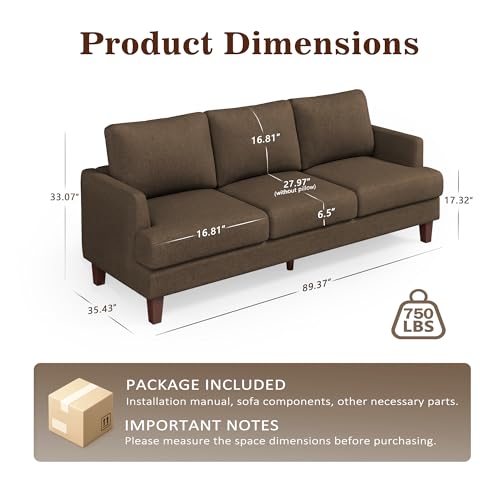 Image of Gericco Mid Century Modern 89 inch 3-Seater Couch for Living Room, Brown