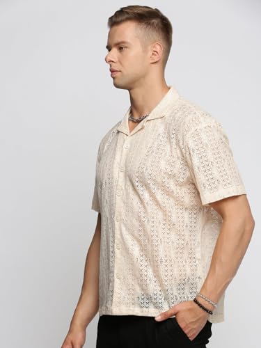 Image of SHOWOFFFF Men Solid Crochet Casual Shirt | Cuban Collar Half Sleeves Cotton Shirt for Mens | Relaxed Fit Regular Length Shirt for Men's