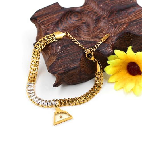 Image of Ladies Gold Double Cuban Chain, Tennis Zircon Charm Mountain /Round Mustard Seed Pendant Bracelet for Women Mom Religion Faith Jewelry
