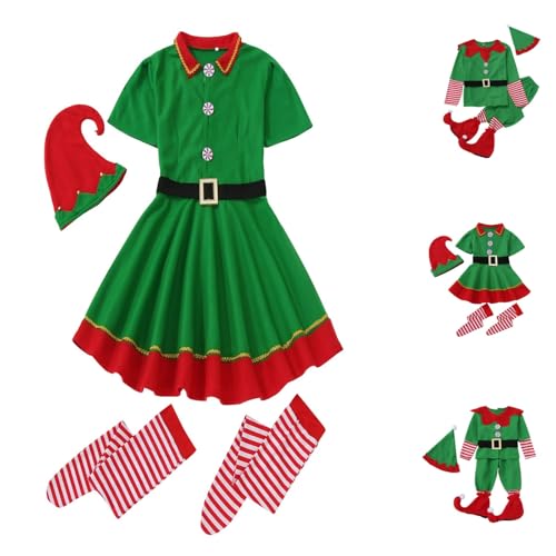 Disfraz de Lutin de Navidad para niña de 5 piezas – Disfraz de elfo verde con accesorios para niños, idea de fiesta de Halloween, carnaval y espectáculo de Navidad, talla 1 a 12 años