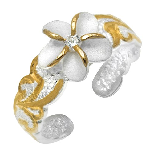 Honolulu Jewelry Company Sterling Silver Two Tone Plumeria Flower Nature Hawaiian Scroll CZ Toe Ring with 14K Yellow Gold Plated Trim