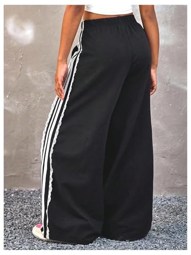MakeMeChic Girl's Lace Striped Wide Leg Sweatpants Elastic Waist Athletic Baggy Pants2