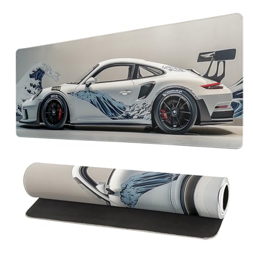 White Ukiyo-e Style Sports Car Large Gaming Mouse Pad Desktop Mat