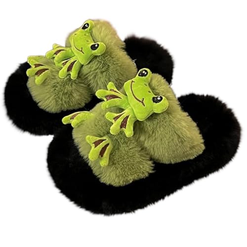 Women's Funny Plush Slippers Cozy Cute Kawaii Frog Animal Print Fuzzy Indoor Winter Bedroom Shoes