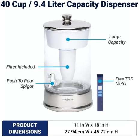 ZeroWater 40-Cup Ready-Pour 5-Stage Round Glass Water Filter Dispenser with 5-Stage 0 TDS Water Filter – IAPMO Certified to Reduce Lead, Chromium, and PFOA/PFOS