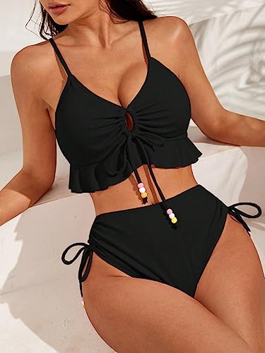 Women's 2 Piece Tankini Set Ruffle Hem Drawstring High Waisted Cut Out Tie Front Crisscross Halter Bathing Suit3