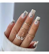 Gold Blue Leaves Medium Short Coffin Press on Nails with Splicing Design, Glossy White Jade Acryl...