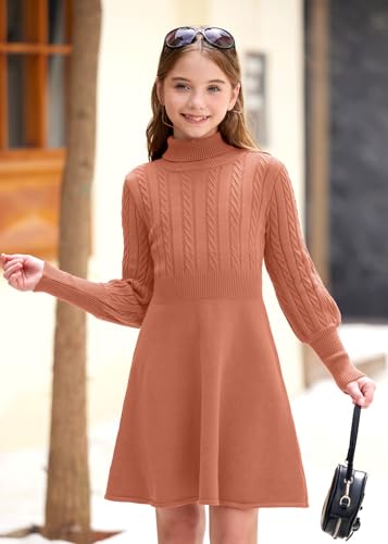 BesserBay Girls Winter Long Sleeve Sweater Dress Turtleneck Cable Knitted Pullover Midi Dress 6-14 Years2