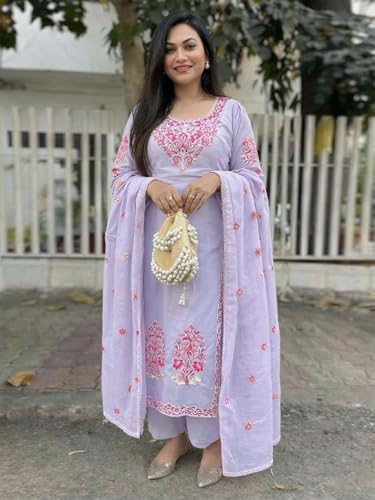 Image of GoSriKi Kurta Sets for Women Viscose Embroidered | Kurta Pant Dupatta Set | Straight Kurti Set for Women | Round Neck 3 /4 Sleeve Ethnic Suit | Designer Indian Kurti Outfit with Pants