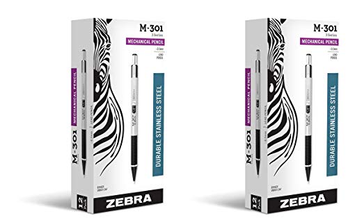 Zebra M-301 Stainless Steel Mechanical Pencil, 0.5mm Point Size, Standard HB Lead, Black Grip, 12-Count Pack of 2