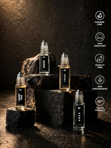 Image of EM5 Set of 4 Pure Perfume Oil (Attar) Roll-On for Men - Skin Safe, FDA Approved, IFRA Compliant | Alcohol Free & Travel Friendly | Aqua, Texas, Constant & Leather Spice | Strong & Long Lasting Roll On Perfume | Luxury Gift for Men | 3ml x 4