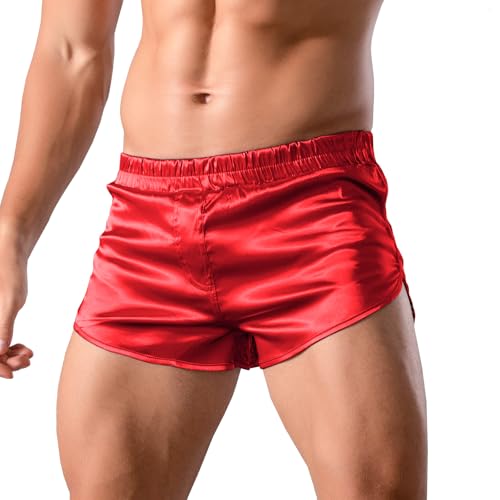 GENEMEN Herren Satin Seide Boxer Sexy Lounge Shorts 3 Zoll Inseam Pyjama Bottoms Boxershorts Slips (Rot, XL)