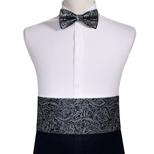 Image of Barry.Wang Men Silk Paisley Cummerbund and Pre-tied Bowtie Handkerchief Cufflink Set for Tuxedo