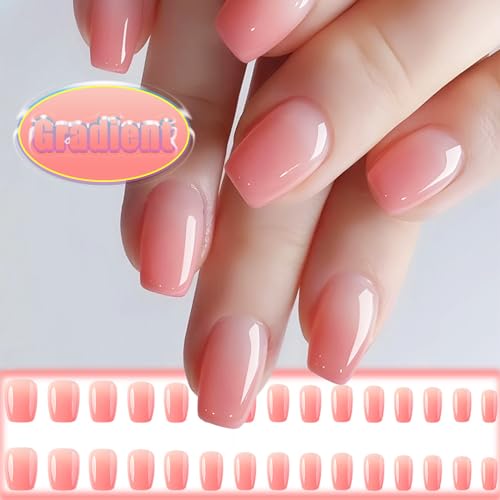 24Pcs Gradient Press on Nails with Ombre Design, Gradient Manicure Art Acrylic Short Coffin Full Cover Fake Nails Stick on Nails Glossy Pink Ombre False Nails Gel Glue on Nails for Women Girls - Image 4