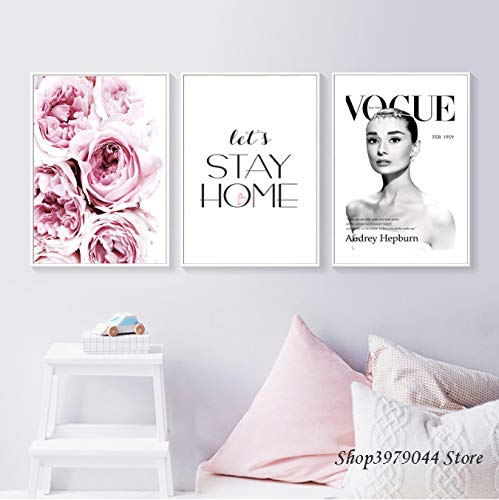 QIANLIYAN Póster de Pared Decoración nórdica Rosa Pinturas de peonía Rosa para el hogar Carteles de Audrey Hepburn Imprimir Cuadros de Pared para Sala de Estar sin Marco 40X60 cm sin Marco 3 Piezas