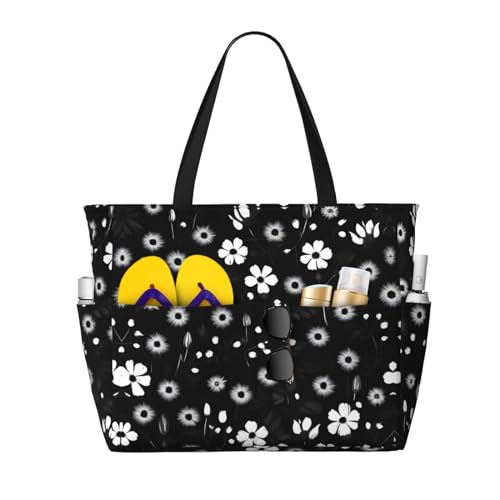 Sac à bandoulière imperméable floral noir et blanc | Grand sac fourre-tout de voyage