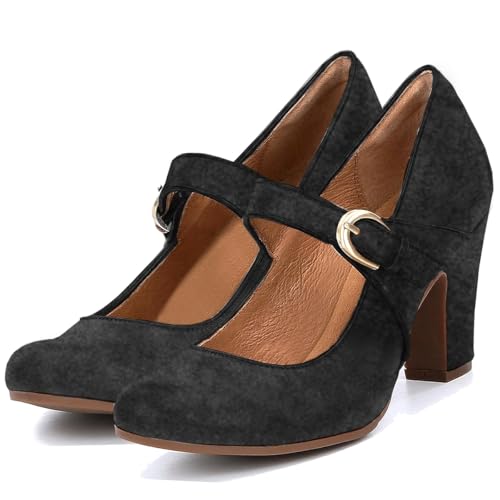 Image of SHODENSE Women Vintage Chunky High Heel Mary Jane Shoes Round Closed Toe Ankle Strap Dress Sandals 3 inch Block Heels Mary Jane Lolita Pumps Two-Toned Patchwork Buckle Office Lady Wedding Retro 4-11 M US