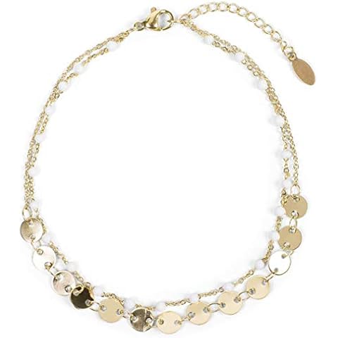 styleBREAKER Damen Layer Fußkettchen mit runden Plättchen Anhängern und Perlen, Ankerkette, Karabiner Verschluss, Kette, Schmuck 05080009, Farbe:Gold-Weiß Cover