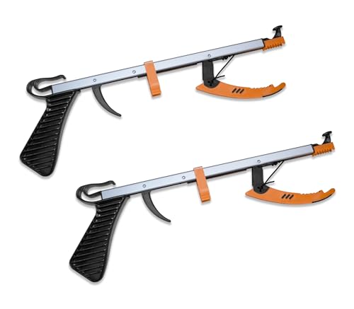 Rehabilitation Advantage Compact Reacher Grabber Tool 15 Reach Extension Set of 2 Rubberized Jaws 3 Wide Grip Lightweight Aluminum Pick Up Tool Handle for Travel Home and Hard-to-Reach Items