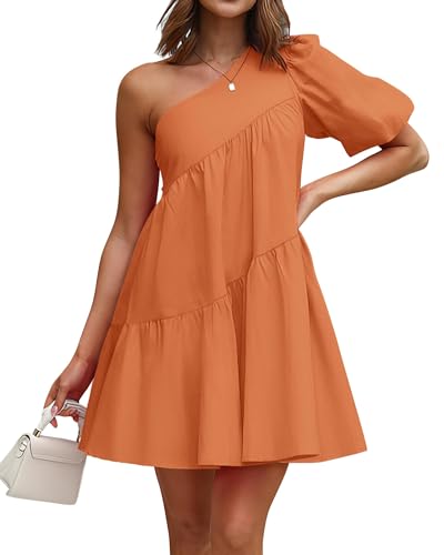 Image of KIRUNDO Summer One Shoulder Mini Baby Doll Dresses Women 2026 Casual Puff Sleeve Loose Tiered A Line Flowy Short Dress