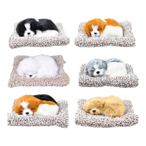Image of Sleeping Dog Car Dashboard Toy with Soft Plush Fur and Non Slip Base - Cute Puppy Decorative Showpiece for Car Interior, Home Decor Desk Accessory for Dashboard Styling(White & Beown)