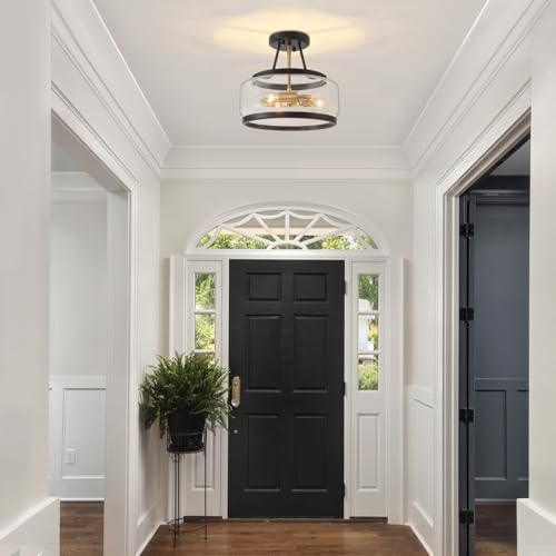 11.81" Black and Brushed Gold Close to Ceiling Light Fixtures, 3-Light Modern Drum Light Fixture, Hallway Ceiling Light, Glass Ceiling Lamp for Entryway Bedroom Laundry Room Dining Room Kitchen Lights by LZLDCJ - Used condition - Image 3