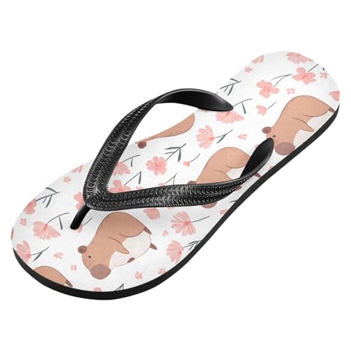 ALAZA Cute Capybara Floral Flip Flops for Women Fashion Beach Slippers Comfort Mens Flip Flops Non-Slip Rubber Shower Slippers Sandal for Hotel Travel Sport,XS2