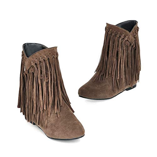 VOKLIN Women's Winter Suede Fringed Ankle Boots Fashion Round Toe Low Wedge Heel Dress Tassel Short Booties2