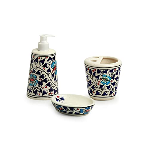 Image of ExclusiveLane 'Floral Feels' 3 Handpainted Piece Ceramic Bathroom Accessories Set of 3 (Soap Tray, Ceramic Toothbrush Holder for Bathroom, Liquid Soap Dispenser For Bathroom) |Soap Holder for Bathroom