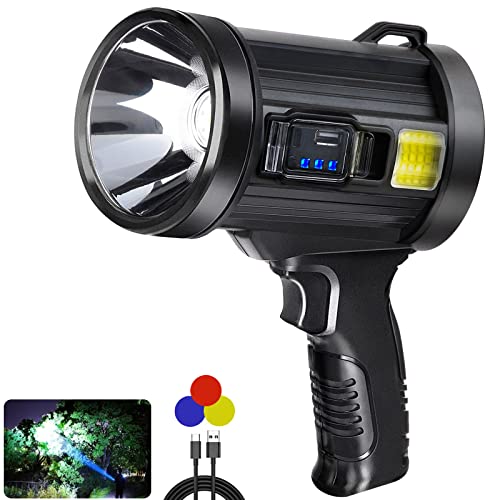 90000 Lumens Spotlight, Super Bright Rechargeable Spotlight Flashlight with 3 Main Modes and 4 Colors Filter, Led Spot Lights Outdoor Handheld Included USB Cable, for Boating Hunting Camping