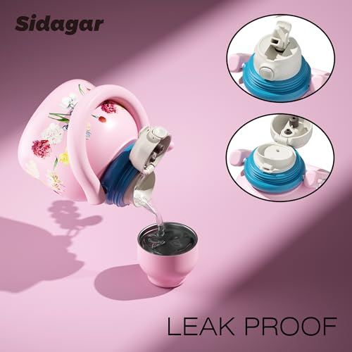 Sidagar 22 oz Water Bottle with Straw and Bowl, Unique Wide Mouth Insulated Stainless Steel Tumbler, Travel Water Cup Flask for Women, Easy Carry - Floral Pink — view 3
