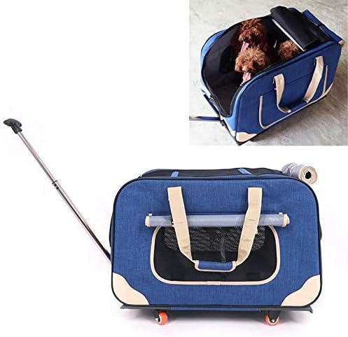 WHZ DODOPET Outdoor Portable Foldable Four Wheels Cat Dog Pet Carrier Bag Draw Bar Box (Blue) (Color : Blue)