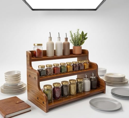 Image of 3-Tier Spice Rack, 13.8 Inch Wood Spice Bottles, Jars, Seasonings, Baking Supplies, Shelf Countertop Spice Storage Holder, Kitchen Pantry Cabinet Organizer Cupboard