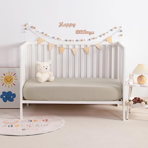 Image of NTBAY 2 Pack Muslin Cotton Crib Sheets, Soft and Breathable Double Layer 28x52 Baby Crib Sheets for Standard Crib and Toddler Mattresses, Boys, Girls, Unisex, Khaki, 28x52 Inches